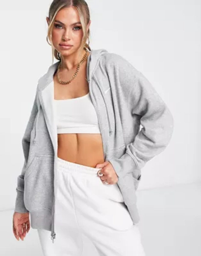 Nike mini swoosh oversized full zip hoodie in grey | ASOS