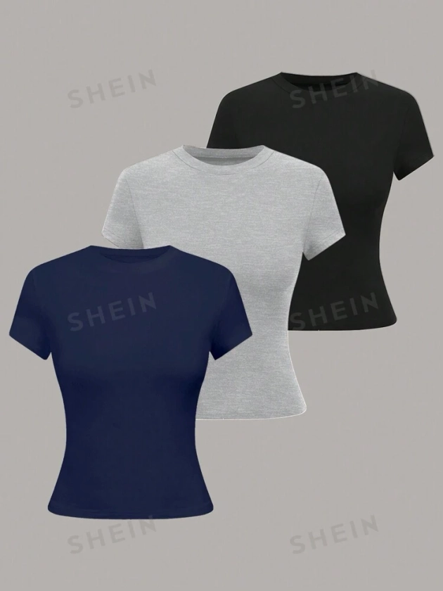 SHEIN LUNE Women's Round Neck Short Sleeve Solid Color Casual Simple Fitted Blouse | SHEIN UK