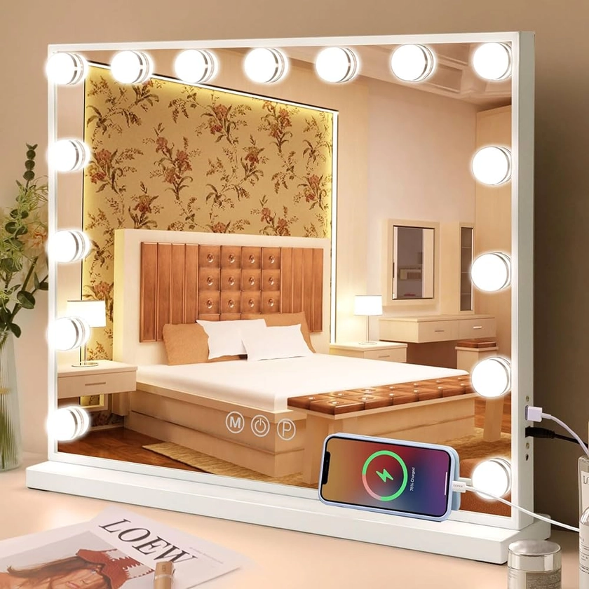 Fenair Miroir Coiffeuse 58 x 46 Miroir LED 15 Lumières, Miroir Maquillage Lumineux 3 Modes, Miroir Hollywood, Contrôle Tactile, Chargement USB, Miroir de Table