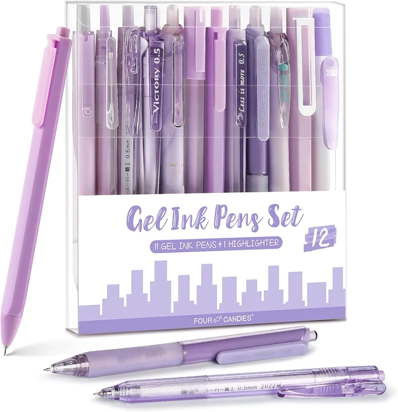 Four Candies 12Pack Pastel Gel Ink Pen Set, 11 Pack Black Ink Pens with 1Pack Highlighter for Writing, Retractable 0.5mm Fine Point Cute Note Taking Pens for School Office (Purple)