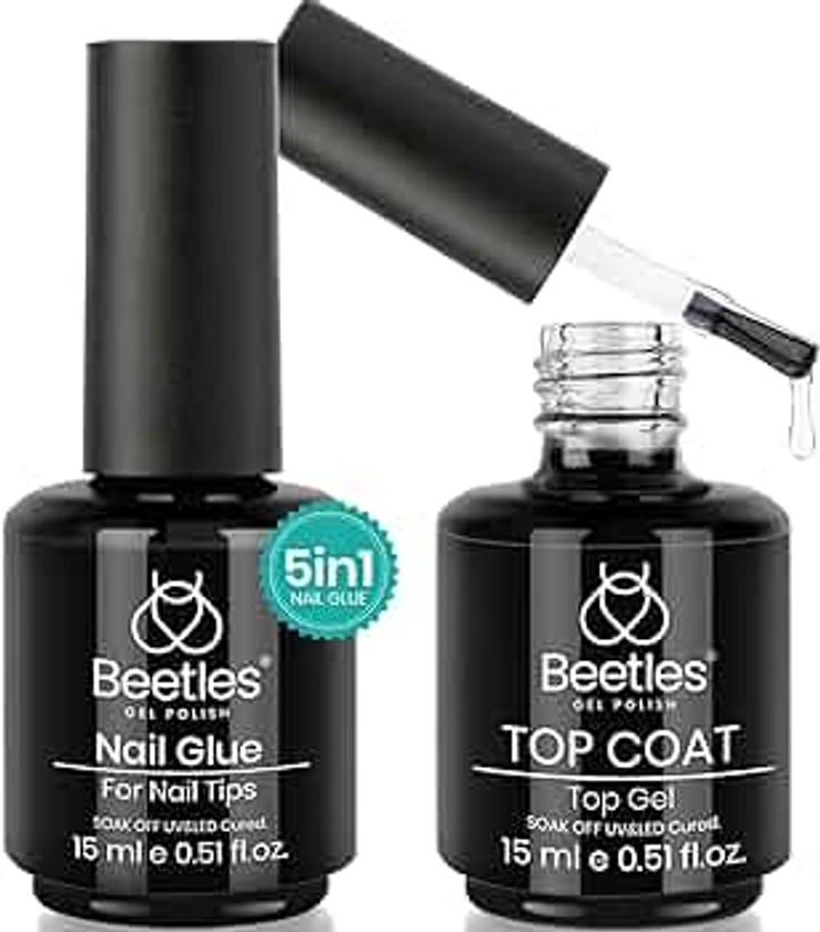 beetles Gel Polish 5 in 1 Nail Glue Base Gel and No Wipe Top Coat Kit 2PCS 15ML for Gel Nails Easy Nail Extension Gel, Soak Off LED Gel Shine Finish and Long Lasting