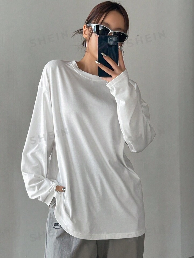 DAZY Women's Solid Color Loose Fit Long Sleeve Round Neck Long T-Shirt
