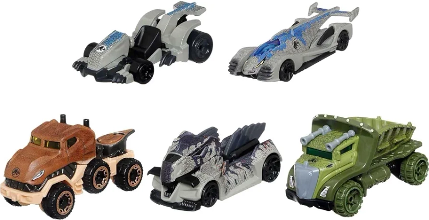 Hot Wheels Jurassic World Dominion Toy Character Cars 5-Pack in 1:64 Scale: Beta, Giganotosaurus, T-Rex, Triceratops & Velociraptor