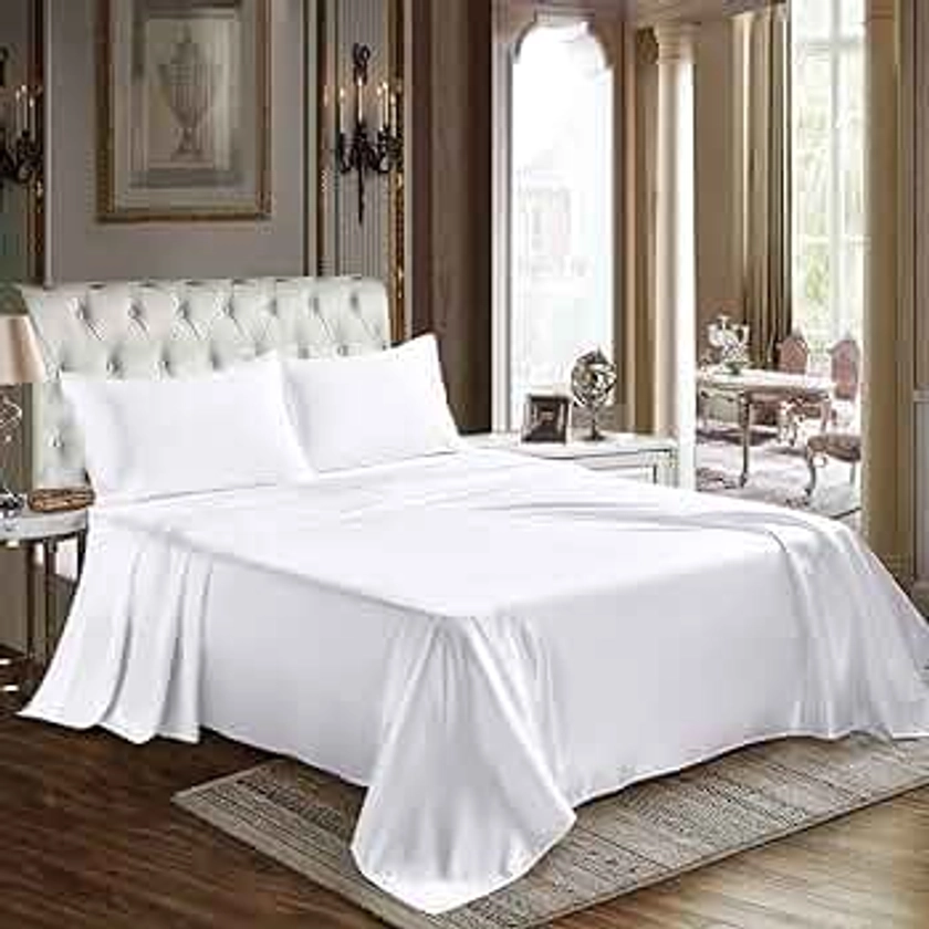 CozyLux Satin Sheets Twin Extra Long (XL) Size - 3 Piece White Bed Sheet Set with Silky Microfiber, 1 Deep Pocket Fitted Sheet, 1 Flat Sheet, and 1 Pillowcase - Smooth and Soft