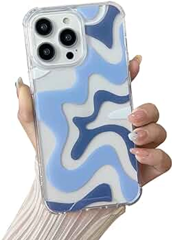 Compatible with iPhone 14 / iPhone 13 Phone Case, Cute Art Wavy Painted for Women Girls, Soft TPU Edge PC Back Protective Shockproof Phone Case-Blue (iPhone 14 / iPhone 13)
