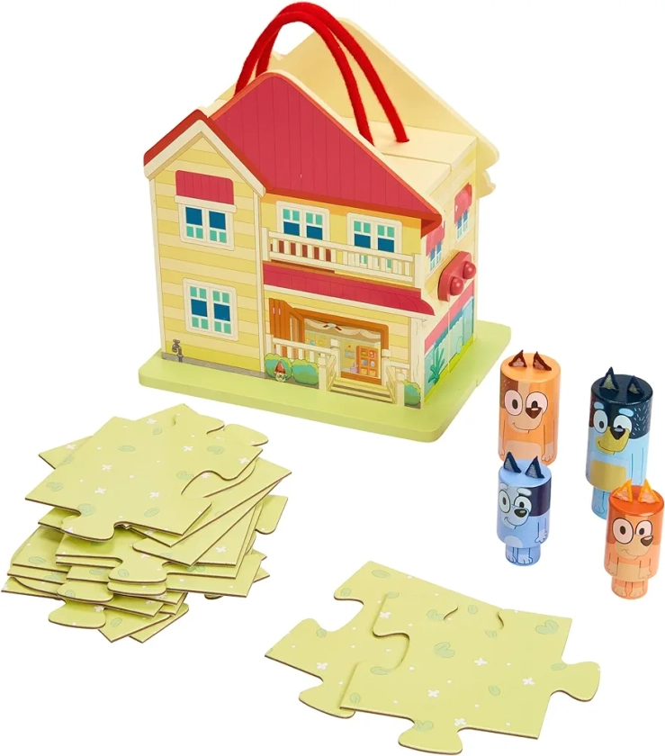BLUEY – Wooden Carry Along House - Indoor & Outdoor Play, 22 Pieces Including 6 Characters & 15 Piece Puzzle Mat - Portable Activity Set for Kids 3 Years and Up – 23cm Tall & FSC Certified
