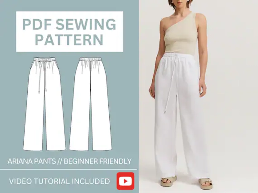 Pants Sewing Pattern PDF, Easy Sewing Pattern for Women's Linen Pants, High Waisted Wide-Leg Pants Trousers, Beginner Sewing Pattern