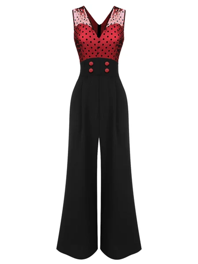 1930s Polka Dot Patchwork Button Jumpsuit