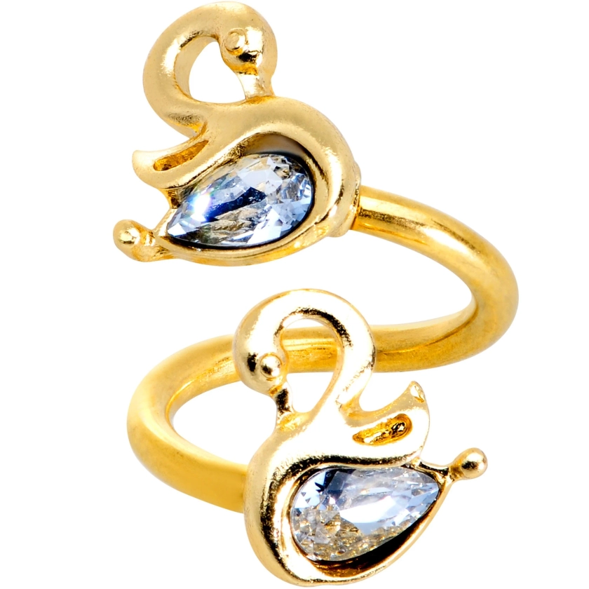Clear Gem Gold PVD Twin Swans Spiral Twister Belly Ring