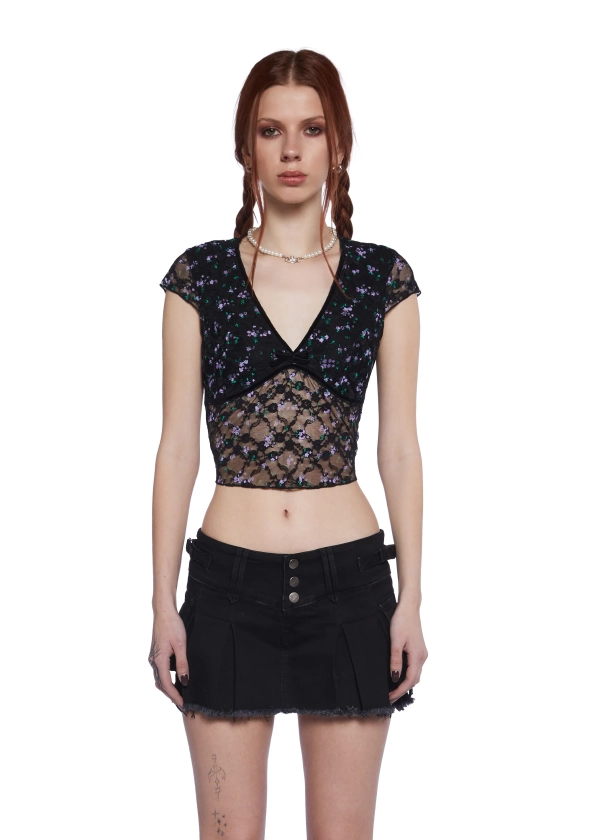 Delia's Sheer Floral Lace Cap Sleeve V-Neck Top - Black