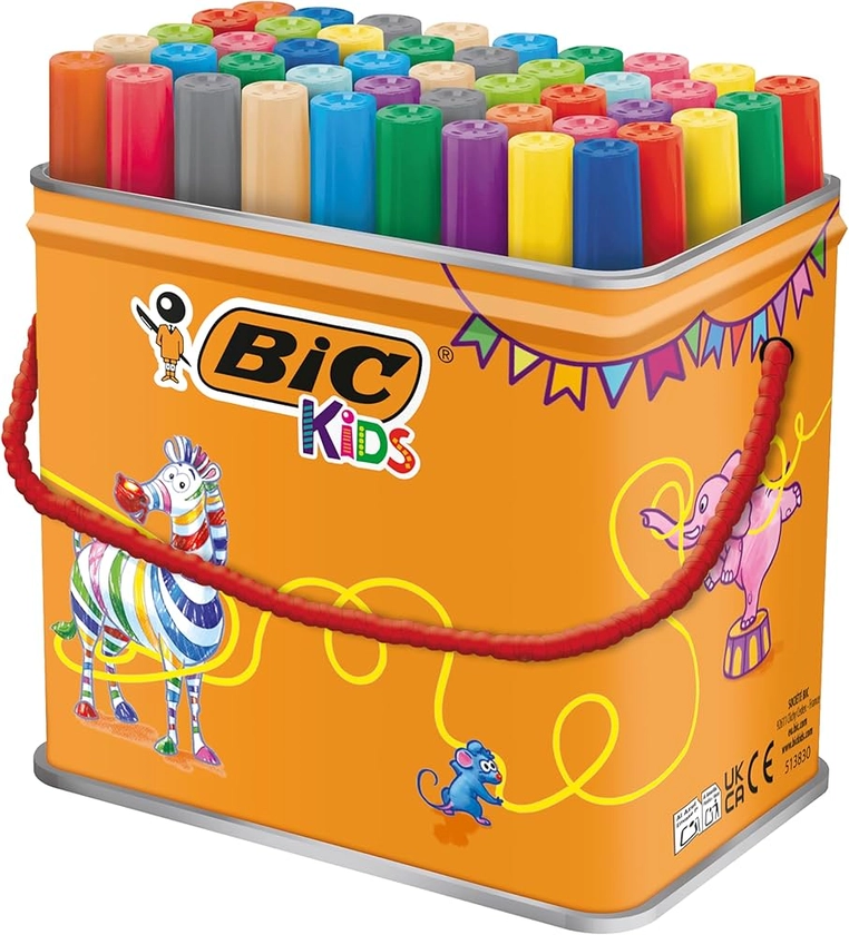 BIC Kids Visacolor XL Feutres de Coloriage à Pointe Large, Lavables, Encre à base d'eau - Couleurs Assorties, Pot de 48