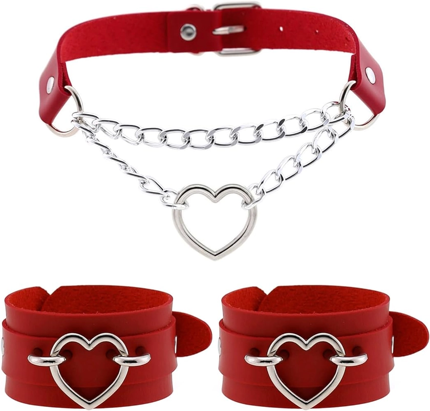 3Pcs Love Heart Leather Choker Necklace and Wrap Bracelets Set for Valentine's Day Sexy Cosplay Accessories Gifts