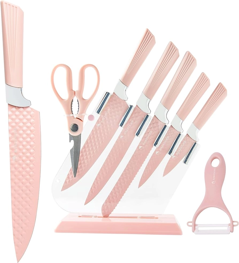Bakedger 7 pieces knives set, ultra sharp, attractive design, chef knif, slicing knif, bread knif,utility knif paring and shears, scissors, peeler, stylish design, Pink