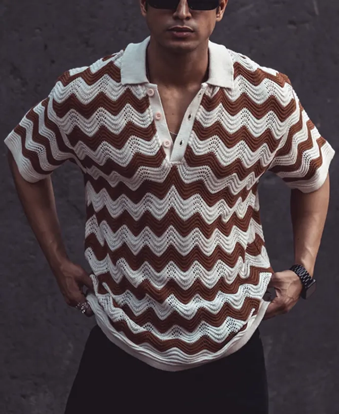 Brown and White Zigzag Oversized Half Sleeves T Shirt