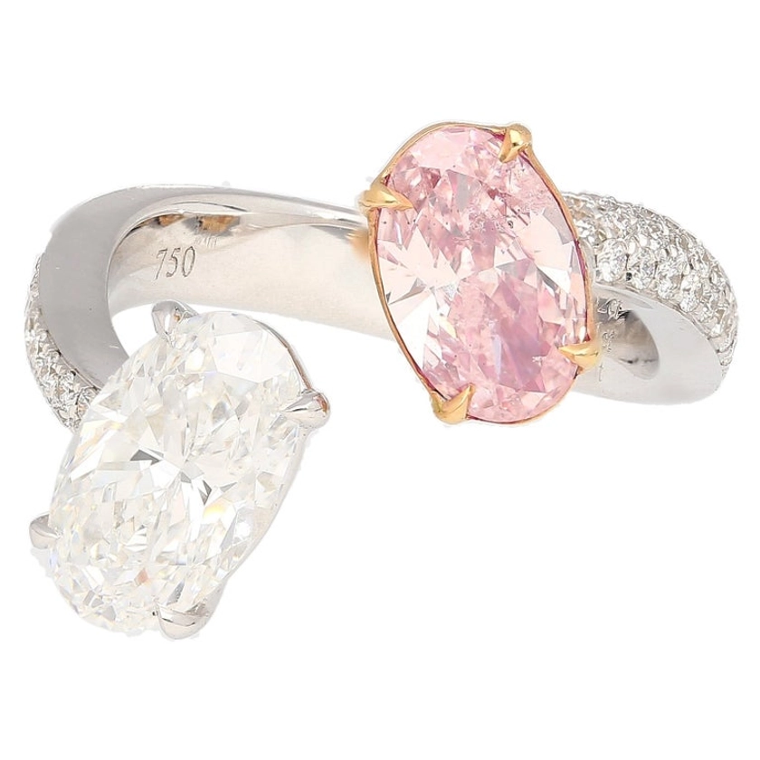 Gia Certified Fancy Orangy Pink and White Diamond Toi Et Moi 18k White Gold Ring