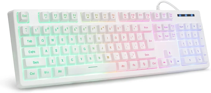CQ104 Gaming Keyboard USB Wired with Rainbow LED Backlit, Quiet Floating Keys, Spill Resistant, Ergonomic for Desktop, Computer, PC (White)