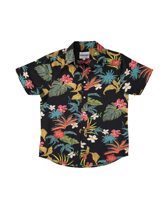 Hand Printed 'The Prat' Short Sleeve Shirt in Black Tropical Floral Print