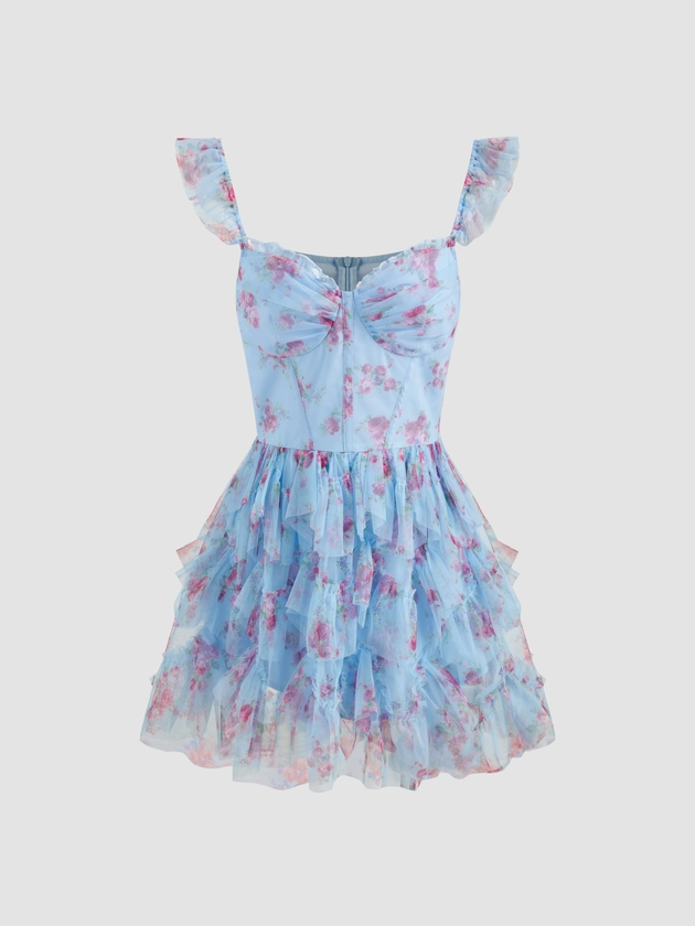 Mesh Tulle Corset Sweetheart Floral Layered Mini Dress For Date