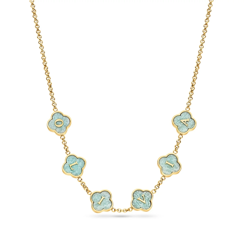 Amazonite Clover Custom Name Necklace (Gold)