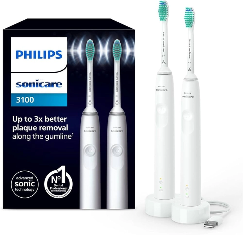 Philips Technologie Sonicare Série 3100 - Brosse à dents électrique sonique capteur de pression et minuterie, Blanc, Lot de 2, modèle HX3675/13