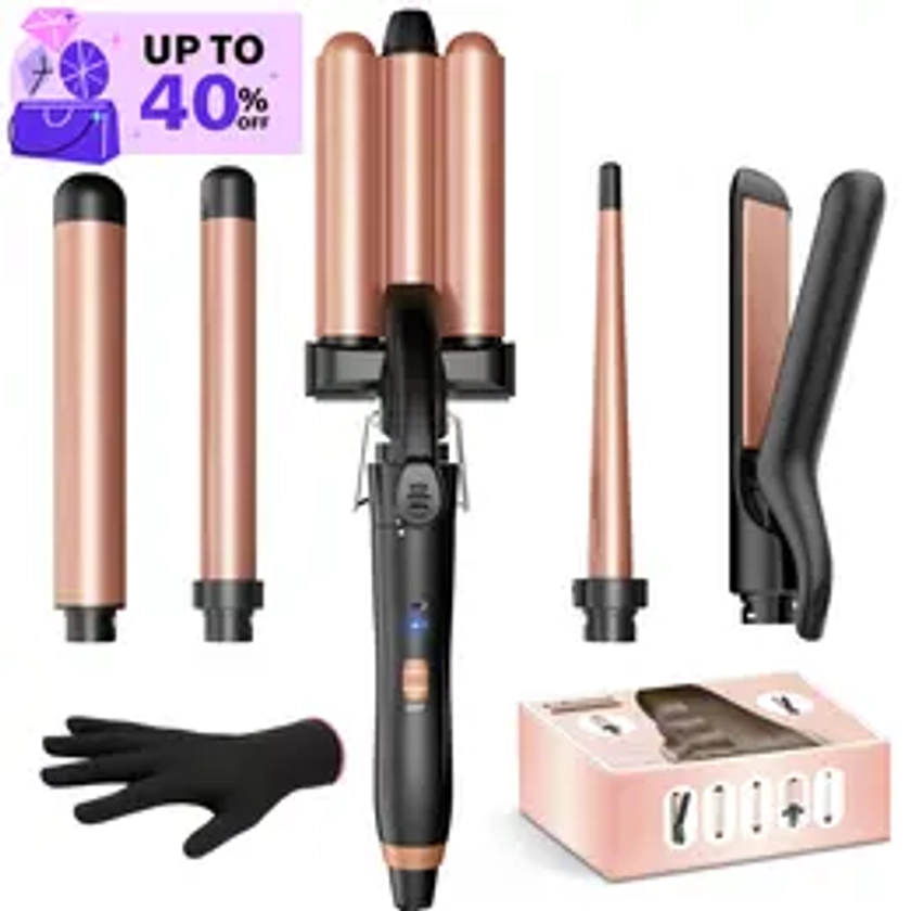 BESTOPE Kinked 5 in 1 Wand Curling Iron-Curling Wand Set with Hair Straightener, 3 Barrels Hair Crimper Iron, 3 Ceramic Curling Irons (0.35 "-1.25"), 2 Temps Fast Heat Hair Curler Waver with Glove & Clip-Purple