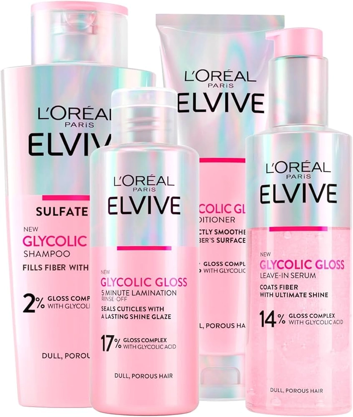 L'Oréal Paris Elvive Glycolic Gloss Condicionador 150 ml champô 200 ml + soro sem enxaguar 150 ml tratamento de laminação de 5 minutos 200 ml para cabelo opaco e poroso, 4 garrafas