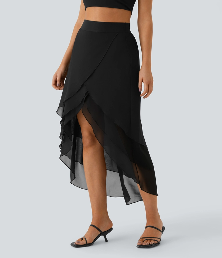 High Waisted Layered Ruffle Hem High Low Flowy Maxi Casual Skirt