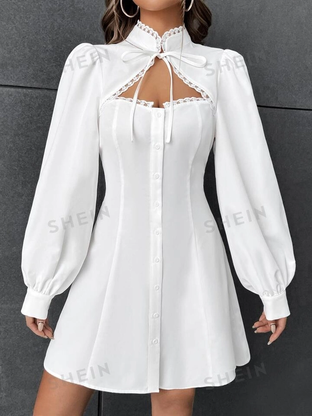 SHEIN EZwear Vestido con diseño de encaje con abertura de cuello con cordón de manga farol