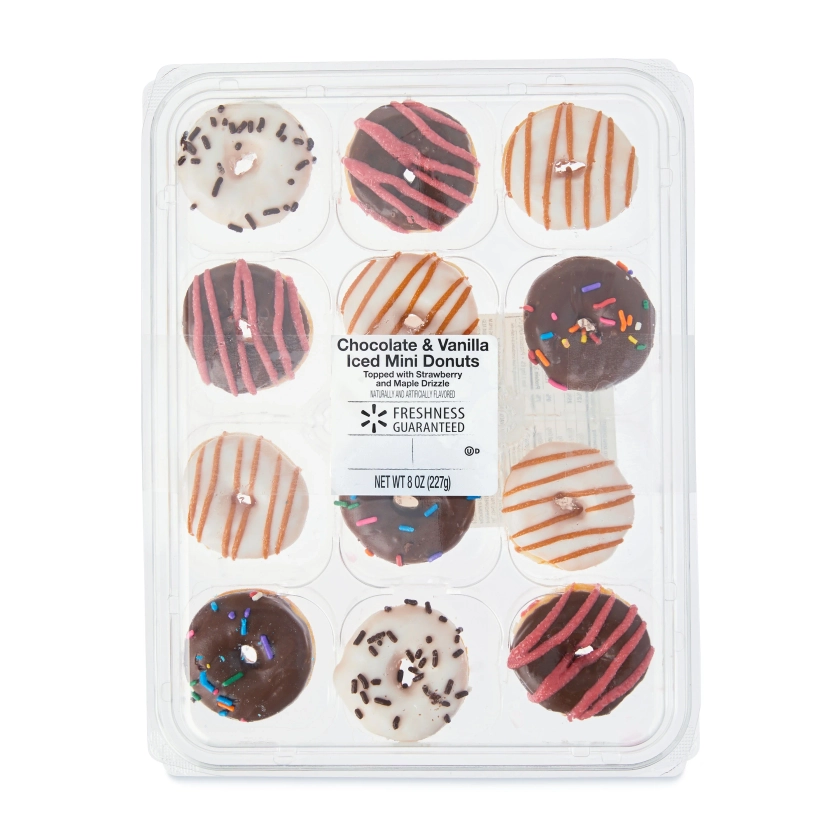 Freshness Guaranteed Iced Vanilla & Chocolate Mini Donuts, 8 oz, 12 Count, Soft and Chewy Snack