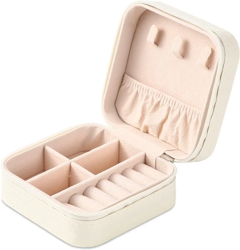 Portable Travel Mini Jewelry Box Leather Jewellery Ring Organizer Case Storage Gift Box Girls Women (white).