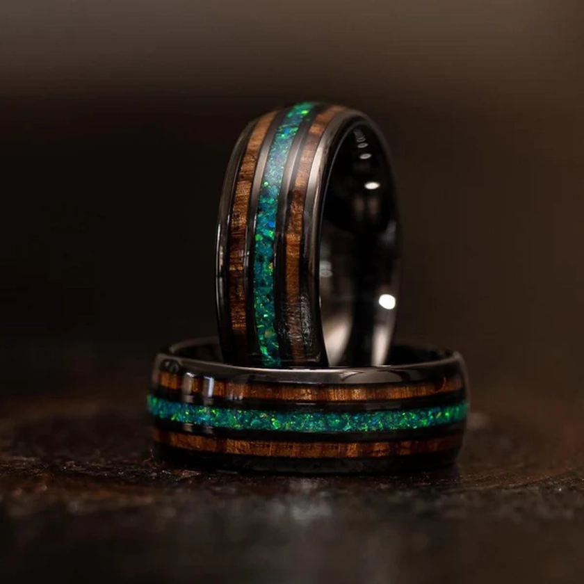 "Dionysus" Whisky Barrel x Green Opal Gunmetal Tungsten Ring