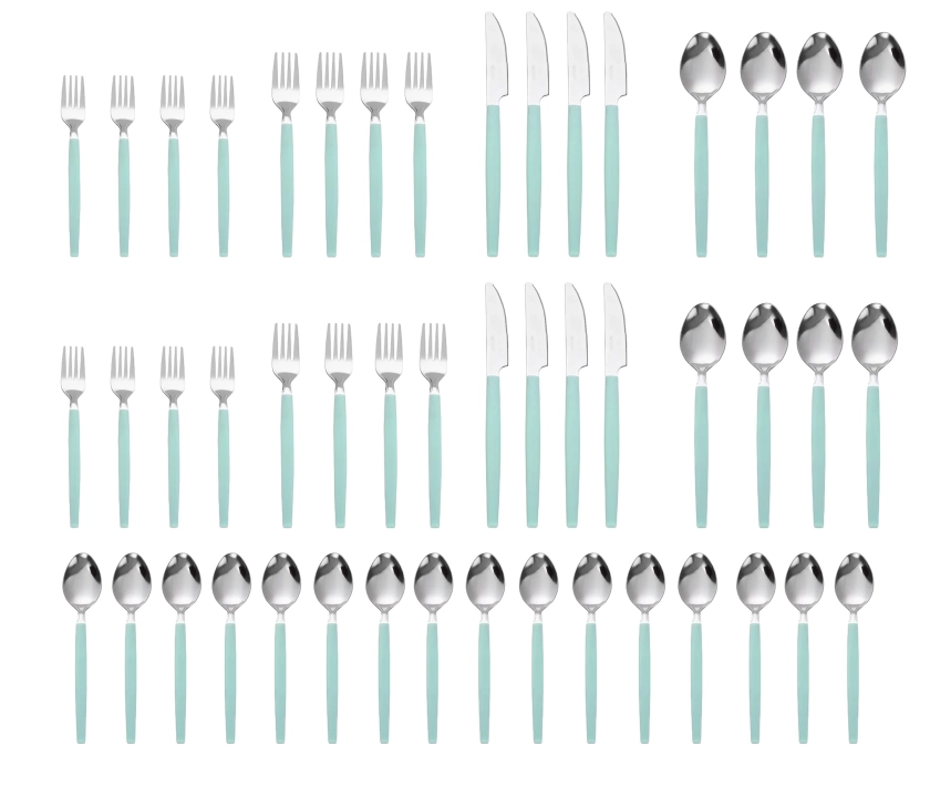 Mainstays 49 Piece Stainless Steel and Plastic Flatware Set with Tray, Teal Blue, Service for 8