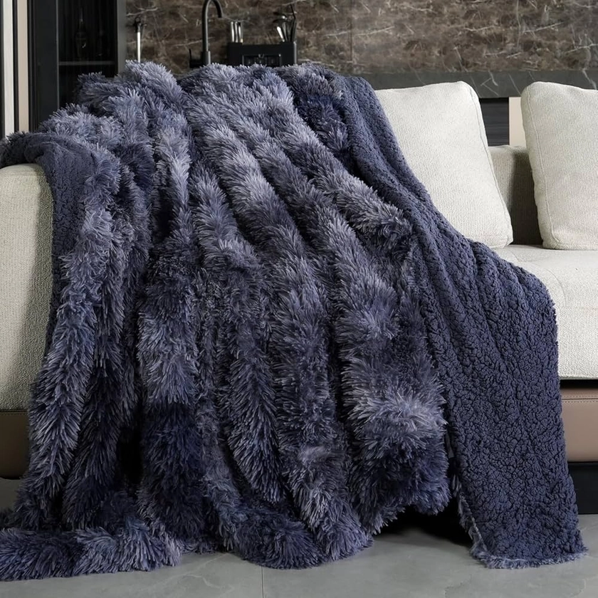 Pawque Faux Fur Throw Blankets, Comfy Microfiber Plush Fuzzy Blanket,Lightweight Long Hair Shaggy Blanket, Reversible Fluffy Cozy Fuzzy Blanket for Bedroom Sofa Couch, 60x80 inches, Tie-Dye Grey