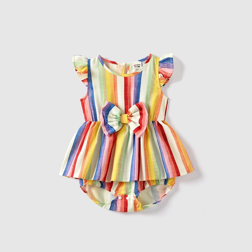 Family Matching Colorful Striped V Neck Flutter-sleeve Dresses and Short-sleeve T-shirts Sets Only £15.50 PatPat UK Mobile