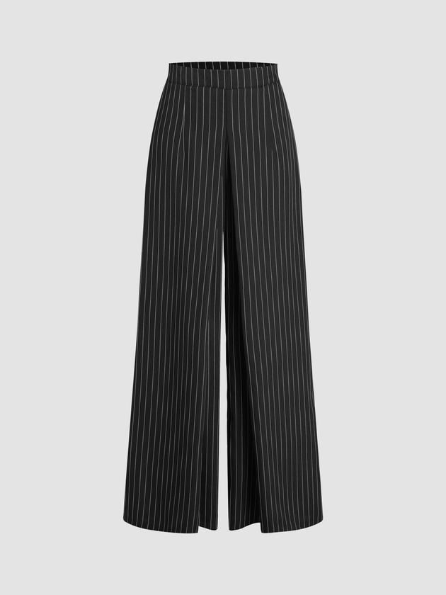 Mid Waist Striped Pleated Wide Leg Trousers