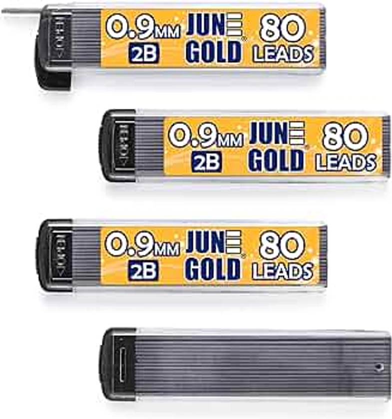 June Gold 240 Pieces, 0.9 mm 2B Lead Refills, 60 Pieces Per Tube, Bold Thickness, Break Resistant Lead/Graphite (Pack of 4 Dispensers)