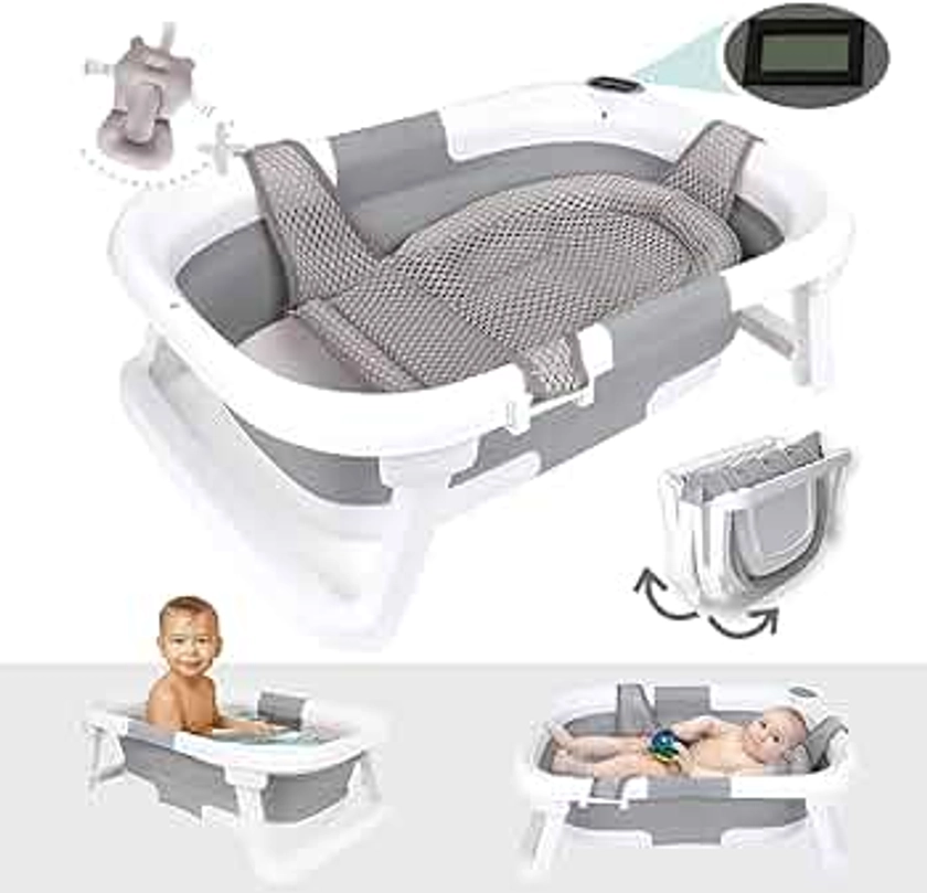 BEBELEH™ Collapsible Baby Bathtub with Thermometer – Bathtub + Baby tub Sling + Newborn Sling – Baby Bathtub Newborn to Toddler 0-24 Months – The Ultimate Baby Bath Tub! (with Thermometer,Gray)