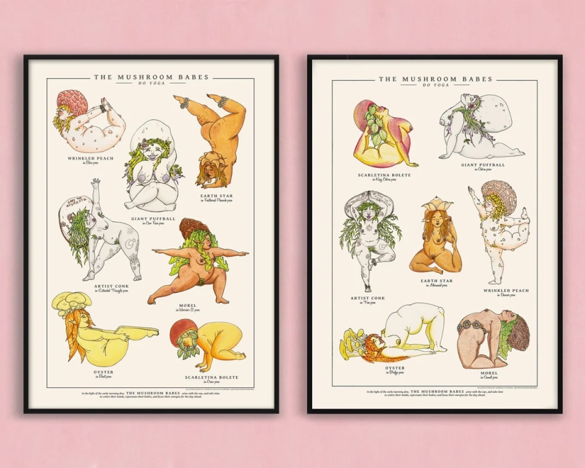 Yoga Poses Poster - The Mushroom Babes - A3 / A4 - Unframed - Body Positive Art