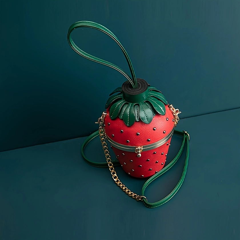 Mini Cute Strawberry-shaped Wrist Bag, Rivet Decoration Crossbody Bag, Cartoon Outdoor Casual Shoulder Bag