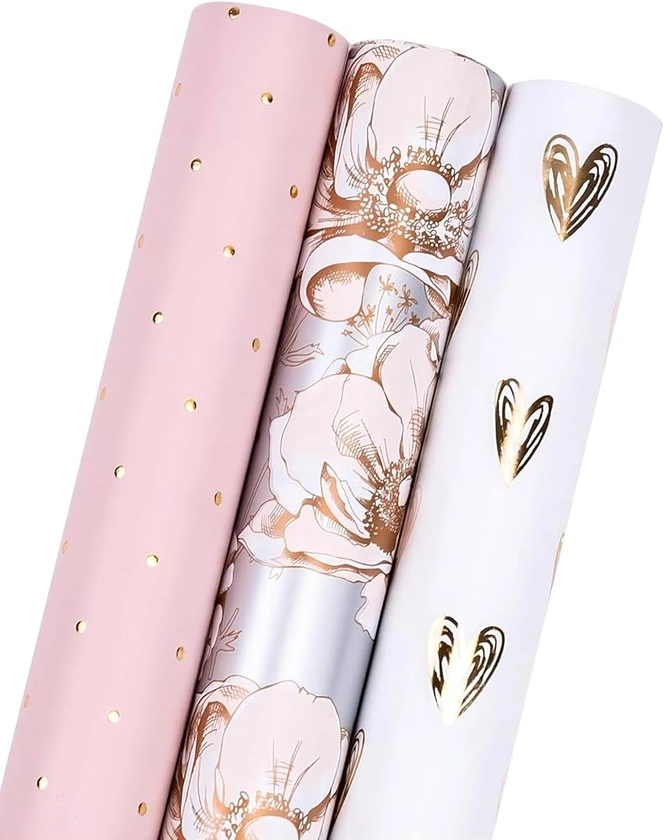 Amazon.com: MAYPLUSS Girl Wrapping Paper Roll - 17in x 120in Per Roll - Romantic Gold Foil Heart, Shiny Flower and Pink Polka Dots Design Girly Gift Wrap Paper for Wedding, Birthday, Mother's Day, Anniversaries : Everything Else