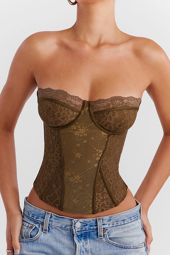 Clothing: Tops: Olive Green Lace Underwired Corset - CHR3307D