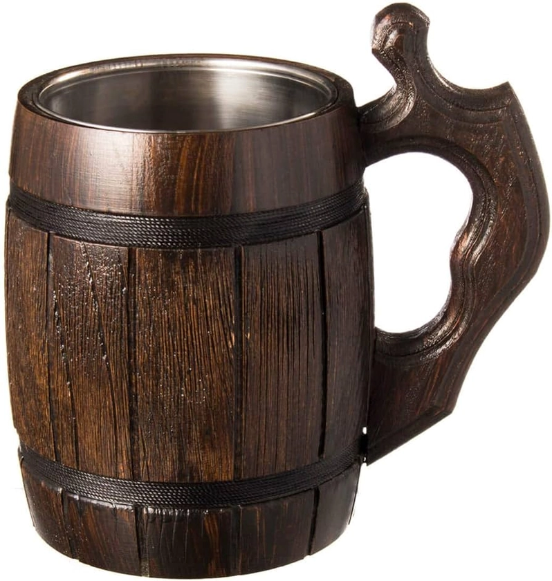 Handmade Beer Mug Oak Wood Stainless Steel Cup Natural Eco-Friendly 0.6 liters 20 ounces Barrel Brown : Amazon.com.au: Kitchen & Dining