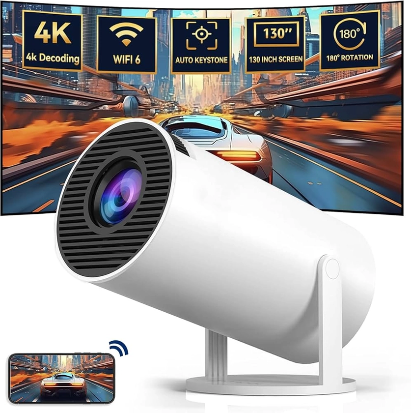 UCMDA Mini Projecteur Portable 4K - Vidéoprojecteur Intelligent 200 ANSI avec WiFi 6, BT 5.0, 130 Pouces, Video Projecteur Retournement à 180 Degrés, Auto Keystone