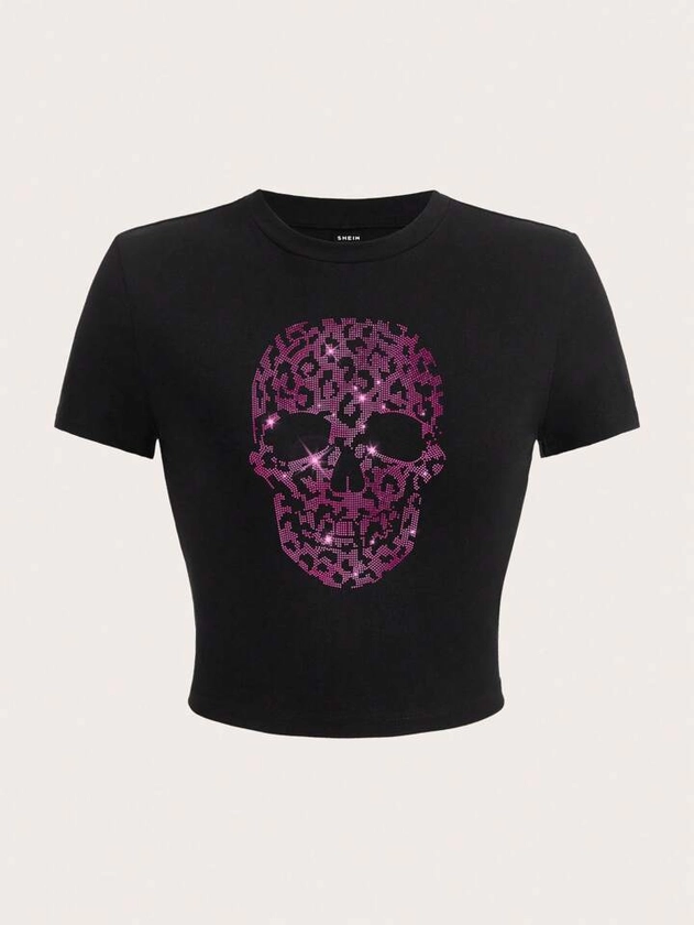 SHEIN EZwear Dark Skull & Leopard Print Round Neck Short Sleeve Slim Fit Women's T-Shirt