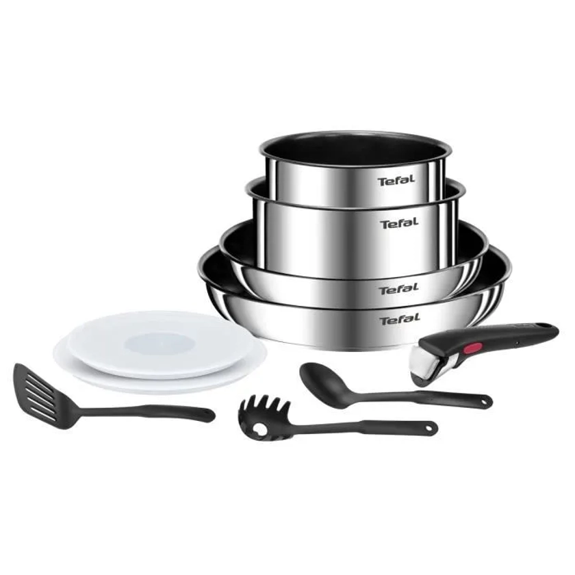 TEFAL INGENIO Emotion Batterie de cuisine 10 p, Induction, Acier inoxydable, Revêtement antiadhésif, Poêles, Casseroles L897AS04