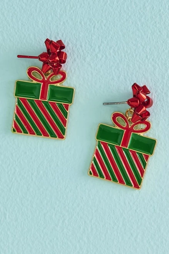 Green and Red Christmas Present Earrings