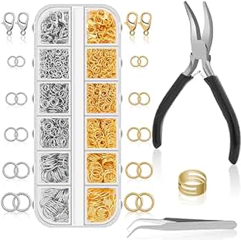 Anezus Jump Rings for Jewelry Making Supplies and Necklace Repair with Jump Ring Pliers and Open Jump Ring(1200Pcs Silver and Gold)