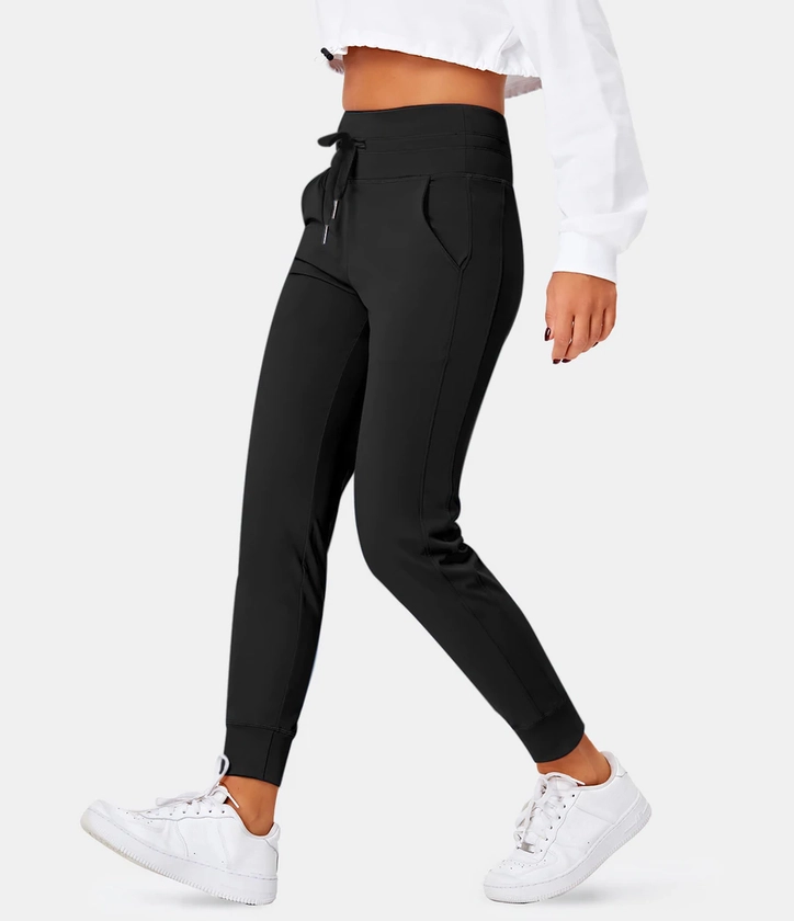 Softlyzero™ Plush High Waisted Drawstring Side Pocket Plain Full Length Joggers