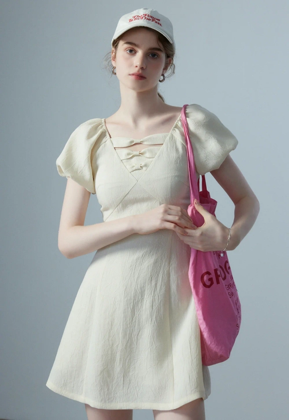 여성용 퍼프 슬리브 보우백 드레스