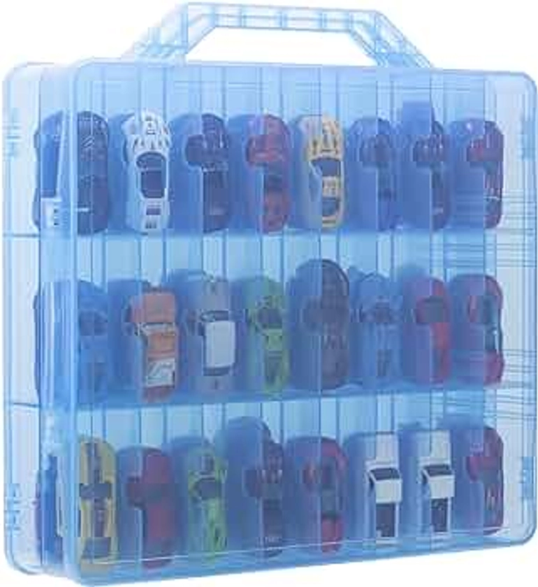 KISLANE Double Sided Toy Car Storage Case for 46 Hot Wheels, Matchbox Cars, Mini Toys, Small Dolls, Portable Transparent Storage Case for Hot Wheels, Matchbox Cars, Case Only (Blue)